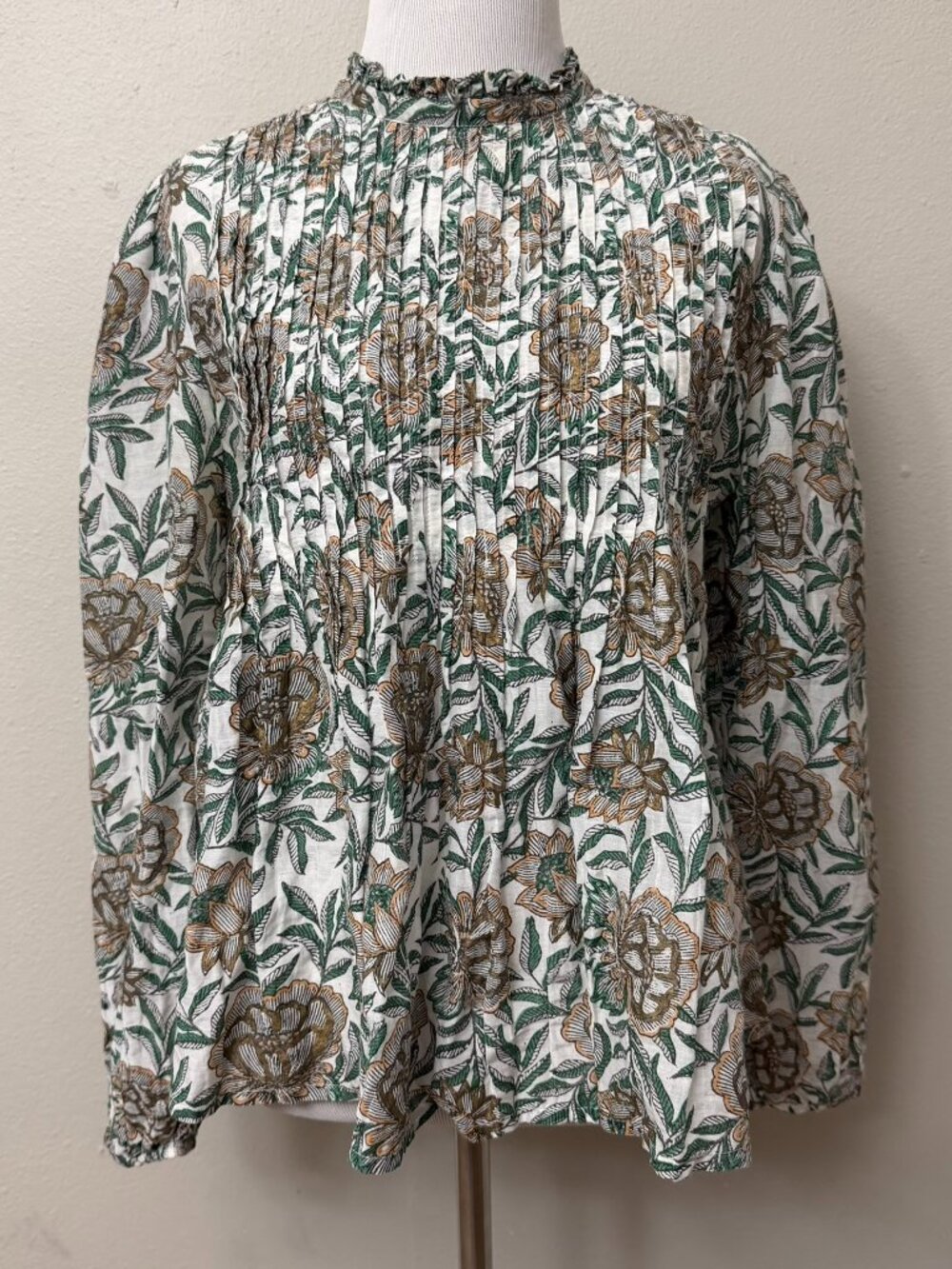 Oliphant Green Bronze Orange  Floral Cotton Pintuck Blouse Ruffle Collar Small
